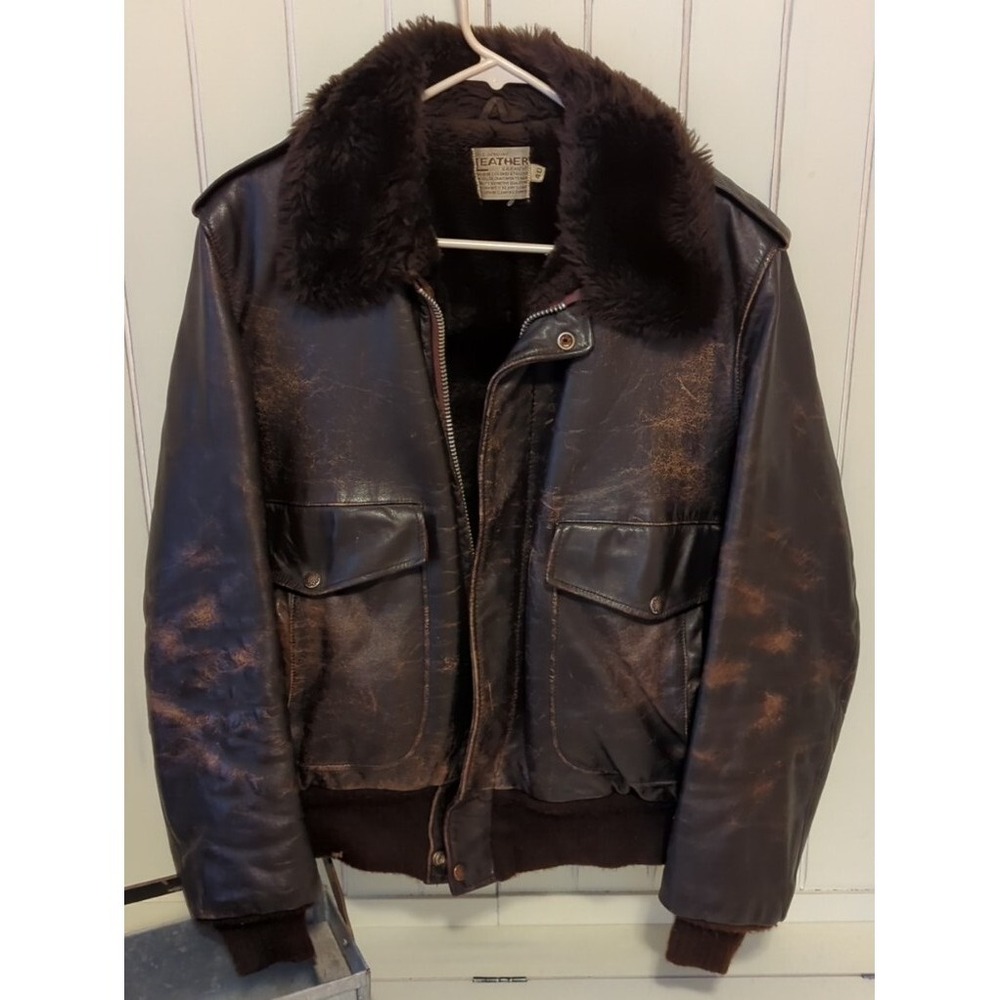 Vintage Genuine Brown Leather Bomber Jacket Distressed Men Size 40 Top Gun Fonz‎